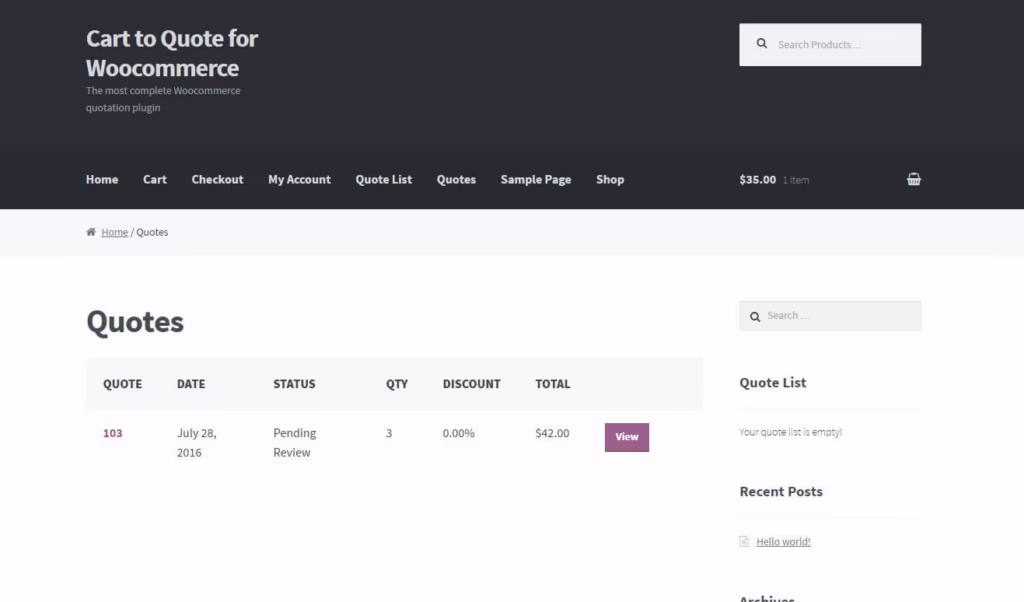 Cart to Quote Request for WooCommerce user quote list frontend