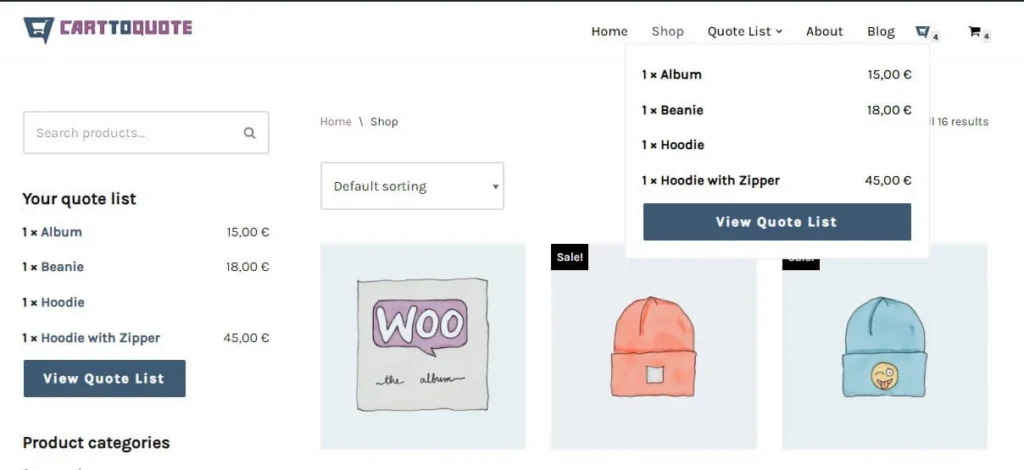 Cart to Quote Request for WooCommerce mini quote widget menu