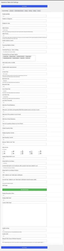 woocommerce variations table grid general settings v2.4.0
