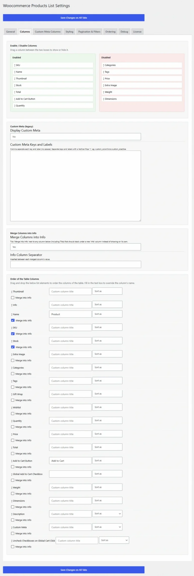 woocommerce products lists pro columns settings