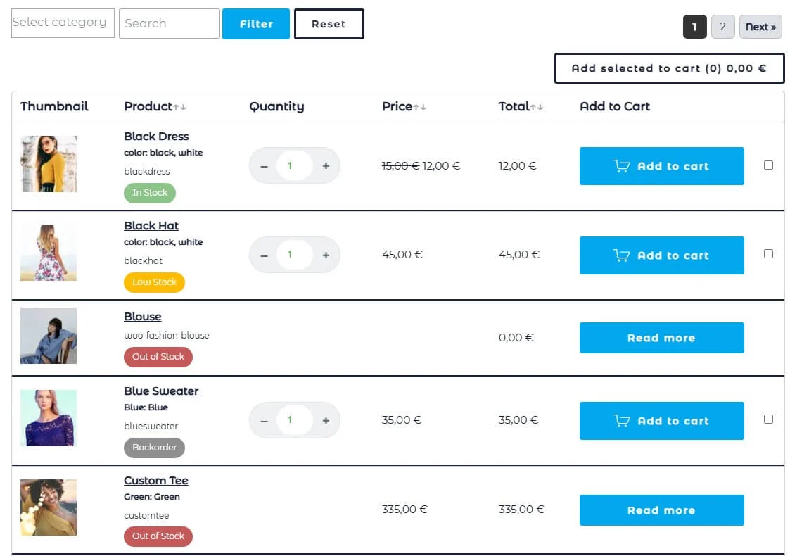 woocommerce products lists pro table render