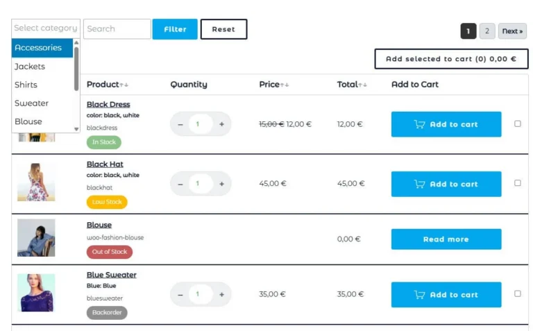 woocommerce products lists pro categories filter