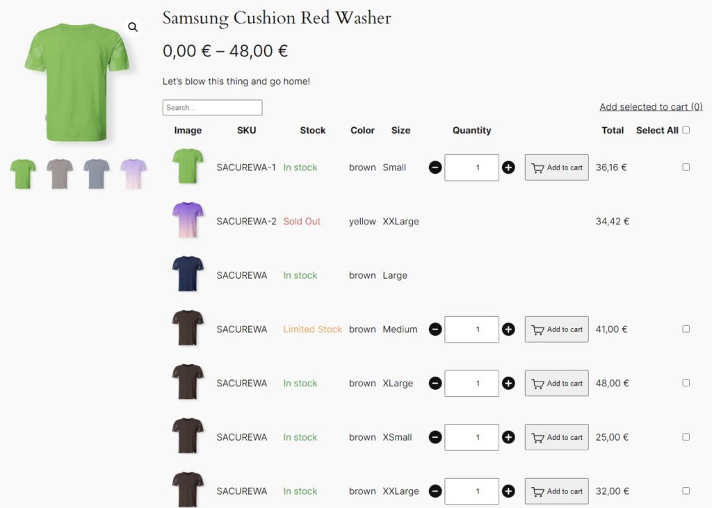 woocommerce variations table grid single product