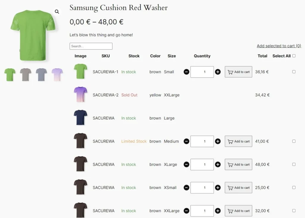 woocommerce variations table grid single product