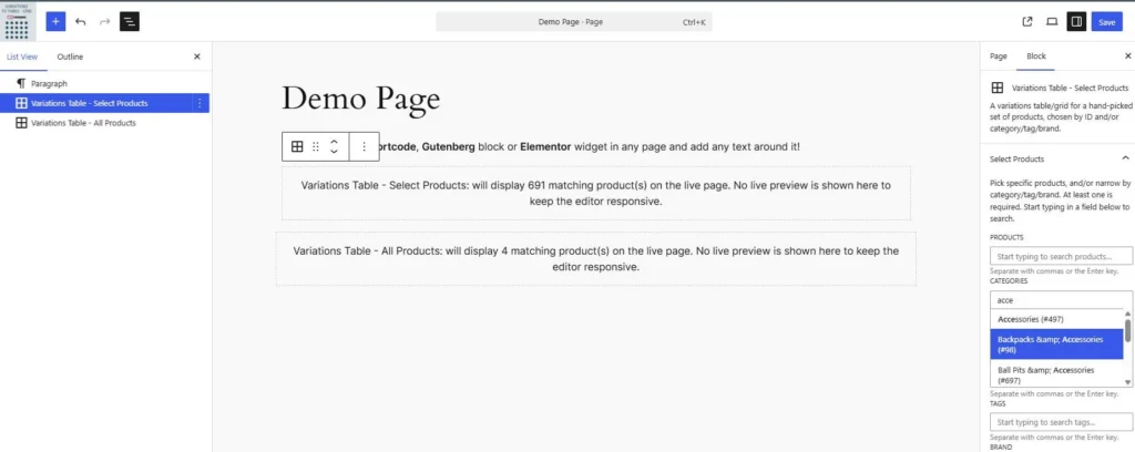 woocommerce variations table grid Gutenberg editor