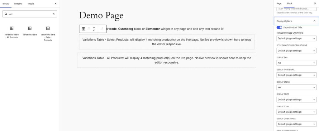 woocommerce variations table grid Gutenberg blocks