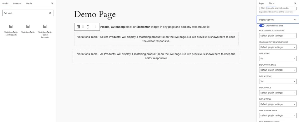 woocommerce variations table grid Gutenberg blocks