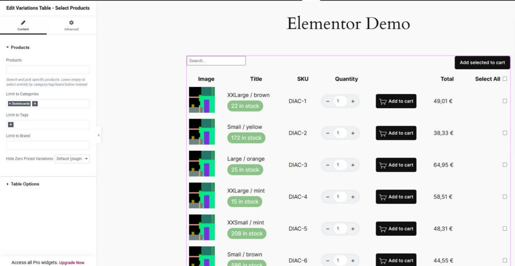 woocommerce variations table grid  Elementor editor widgets