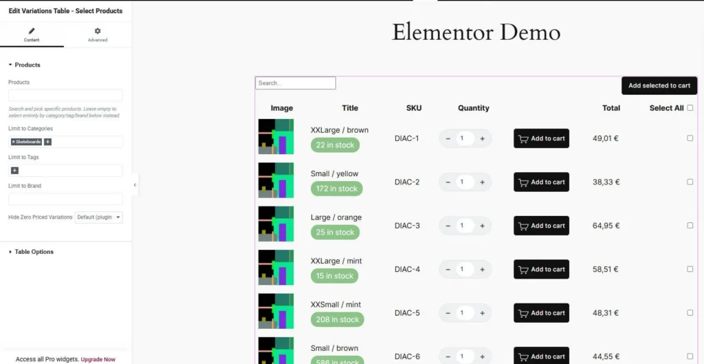 woocommerce variations table grid  Elementor editor widgets