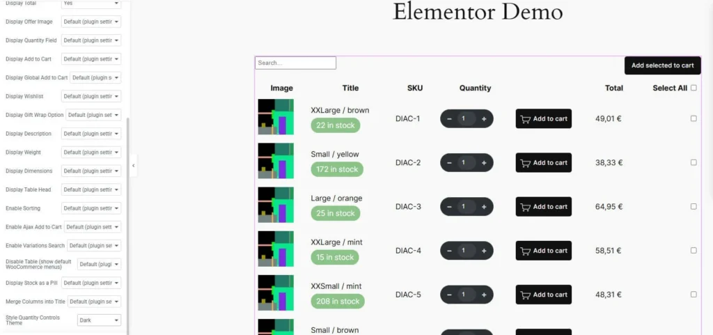 woocommerce variations table grid  Elementor display options