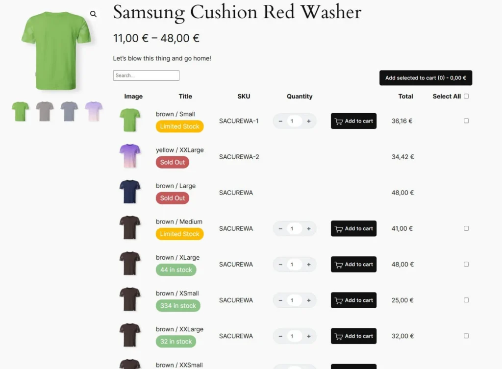 woocommerce variations table grid single product merged columns
