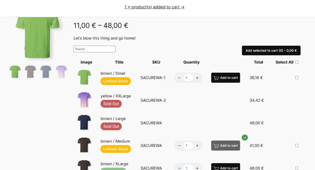 woocommerce variations table grid single product add to cart
