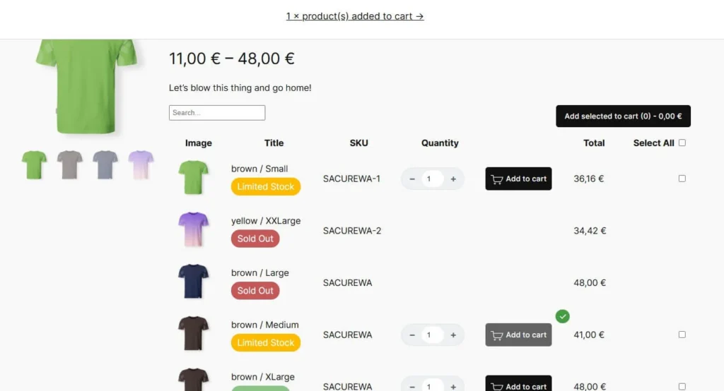 woocommerce variations table grid single product add to cart