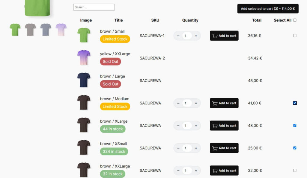 woocommerce variations table grid single product select multiple products