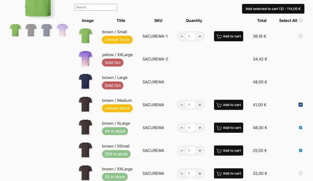 woocommerce variations table grid single product select multiple products