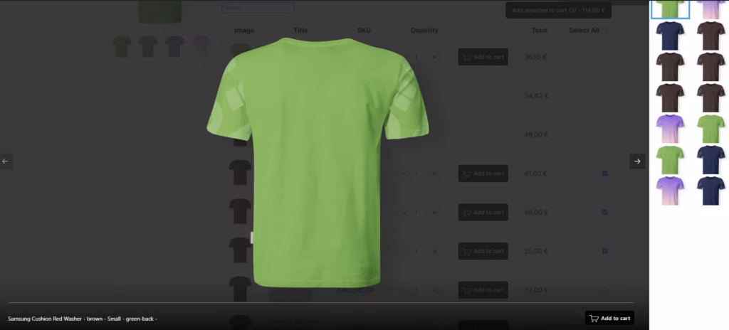 woocommerce variations table grid pop up gallery