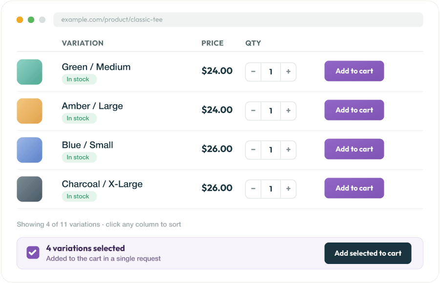 woocommerce variations to table grid demo