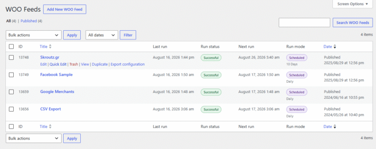WooCommerce XML - CSV Feeds feeds list