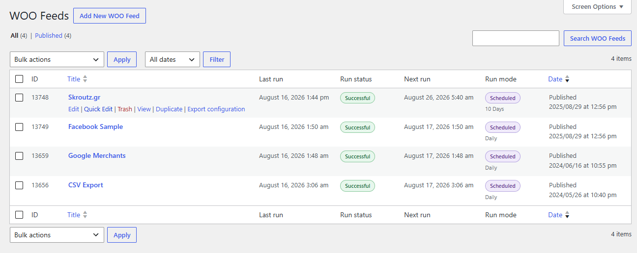 WooCommerce XML - CSV Feeds feeds list