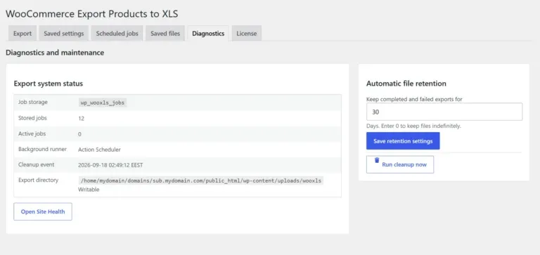 WooCommerce Export Products to XLS diagnostics