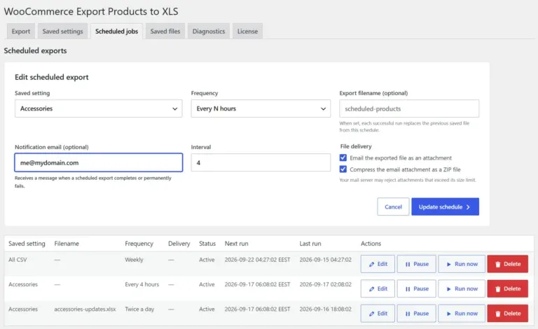 WooCommerce Export Products to XLS edit schedule