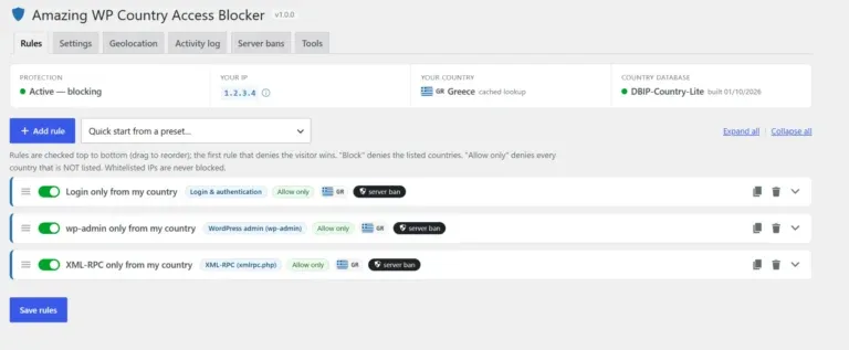 Amazing WP Country Access Blocker rules