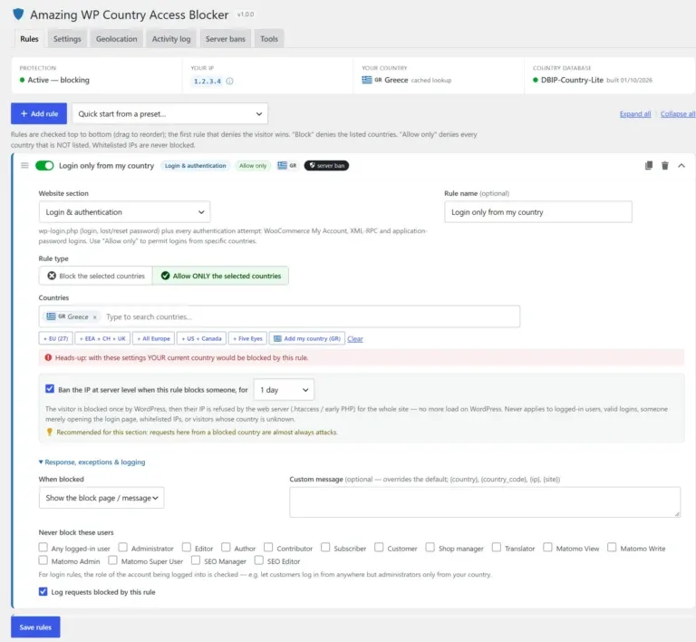 Amazing WP Country Access Blocker rules toggled