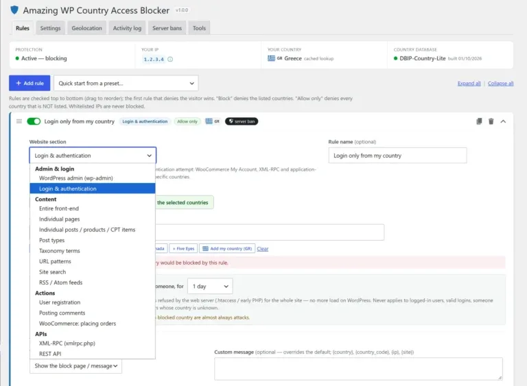 Amazing WP Country Access Blocker rules website section