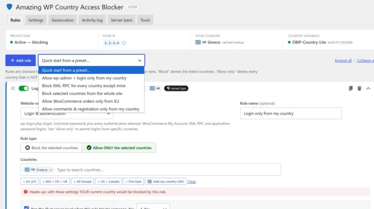 Amazing WP Country Access Blocker quick rules