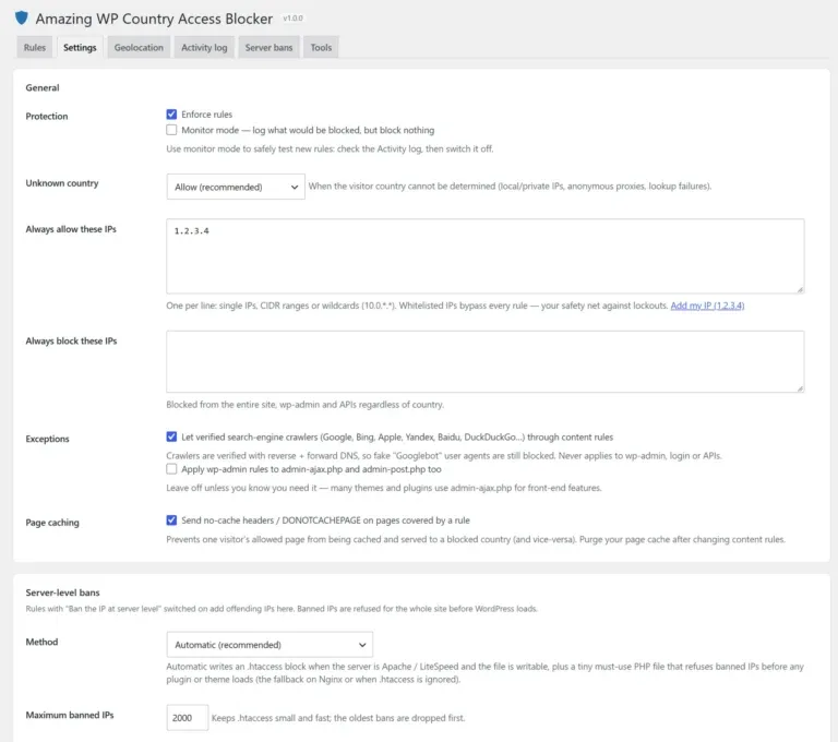 Amazing WP Country Access Blocker settings
