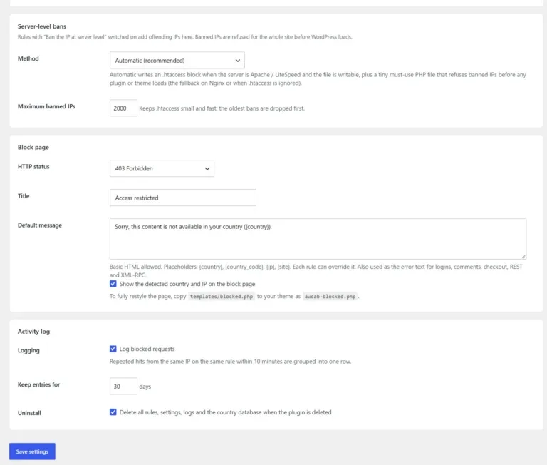 Amazing WP Country Access Blocker activity and block page settings