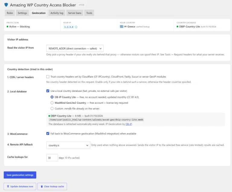 Amazing WP Country Access Blocker geolocation settings