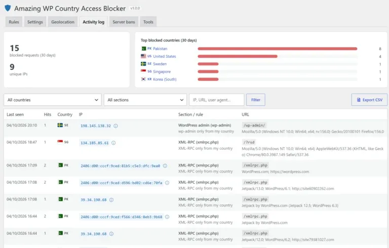 Amazing WP Country Access Blocker activity log