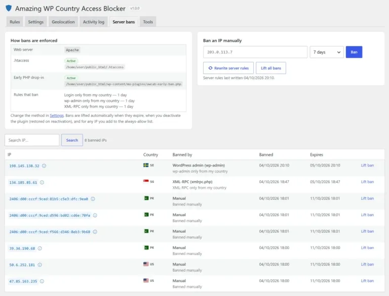 Amazing WP Country Access Blocker server bans